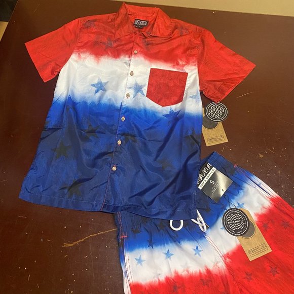 Swim And Surf Co Mens Multicolor Short Sleeve Shirt Drawstring Shorts Swim Set S - Picture 2 of 4